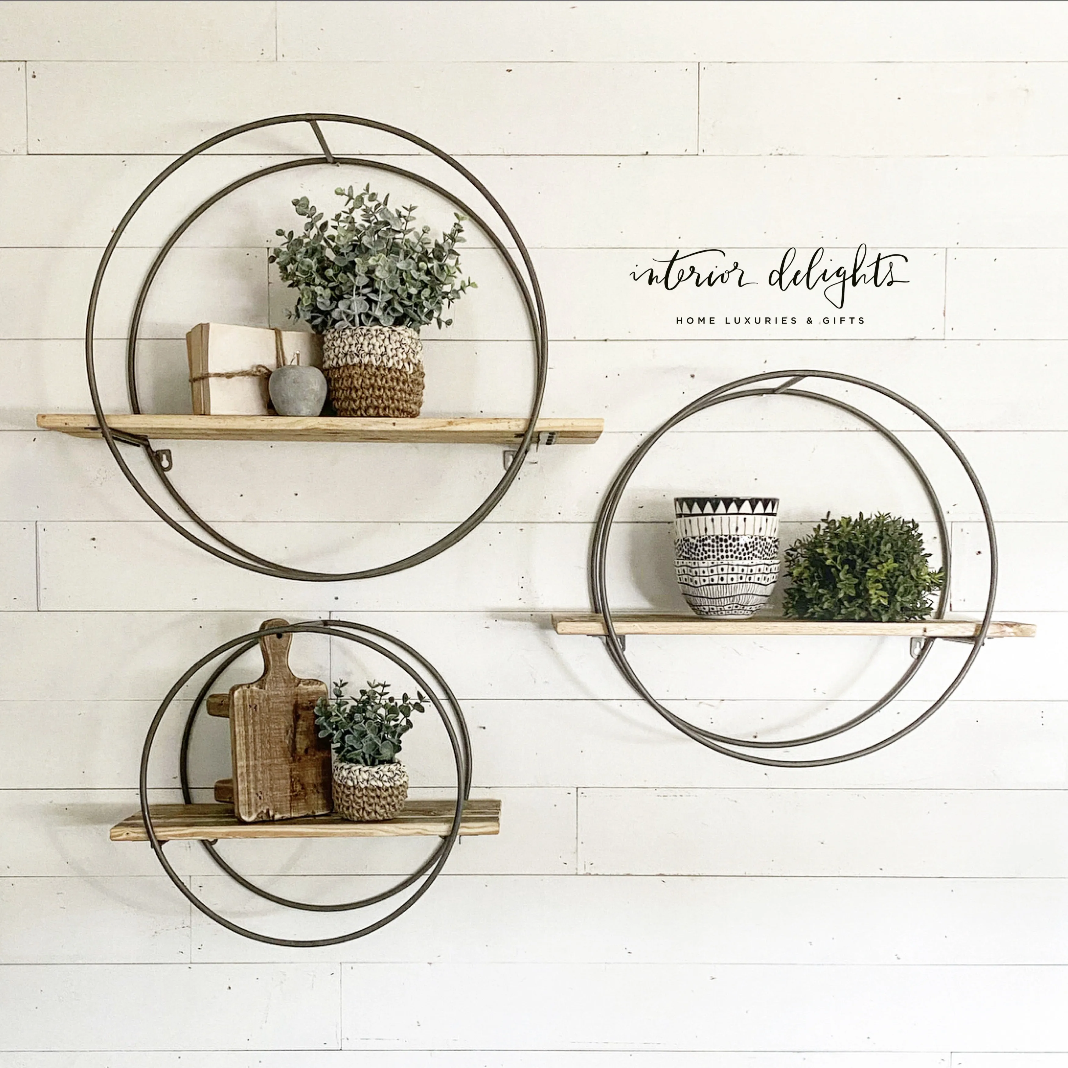 Large Group of 3 Circular Shelves with Reclaimed Wood