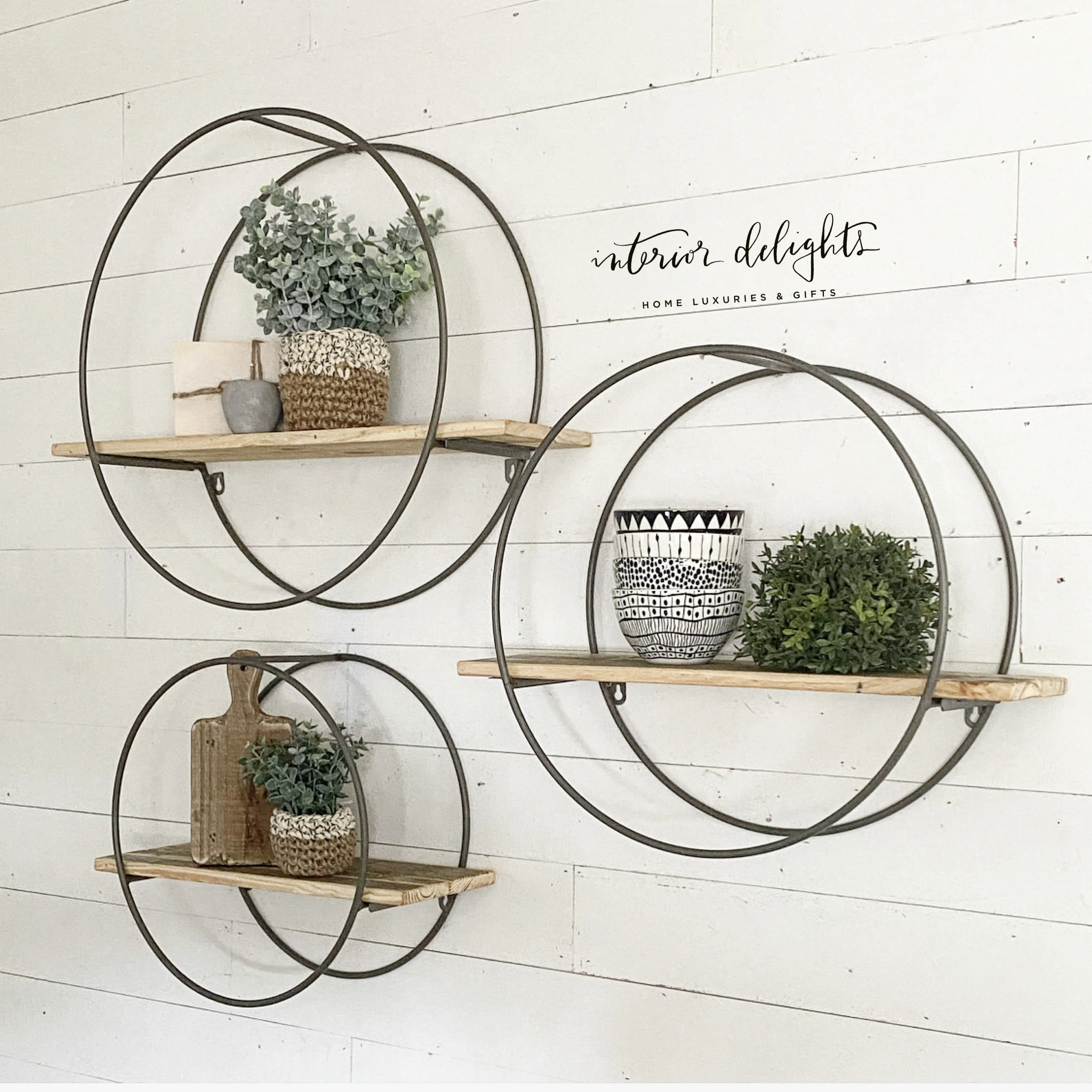 Large Group of 3 Circular Shelves with Reclaimed Wood