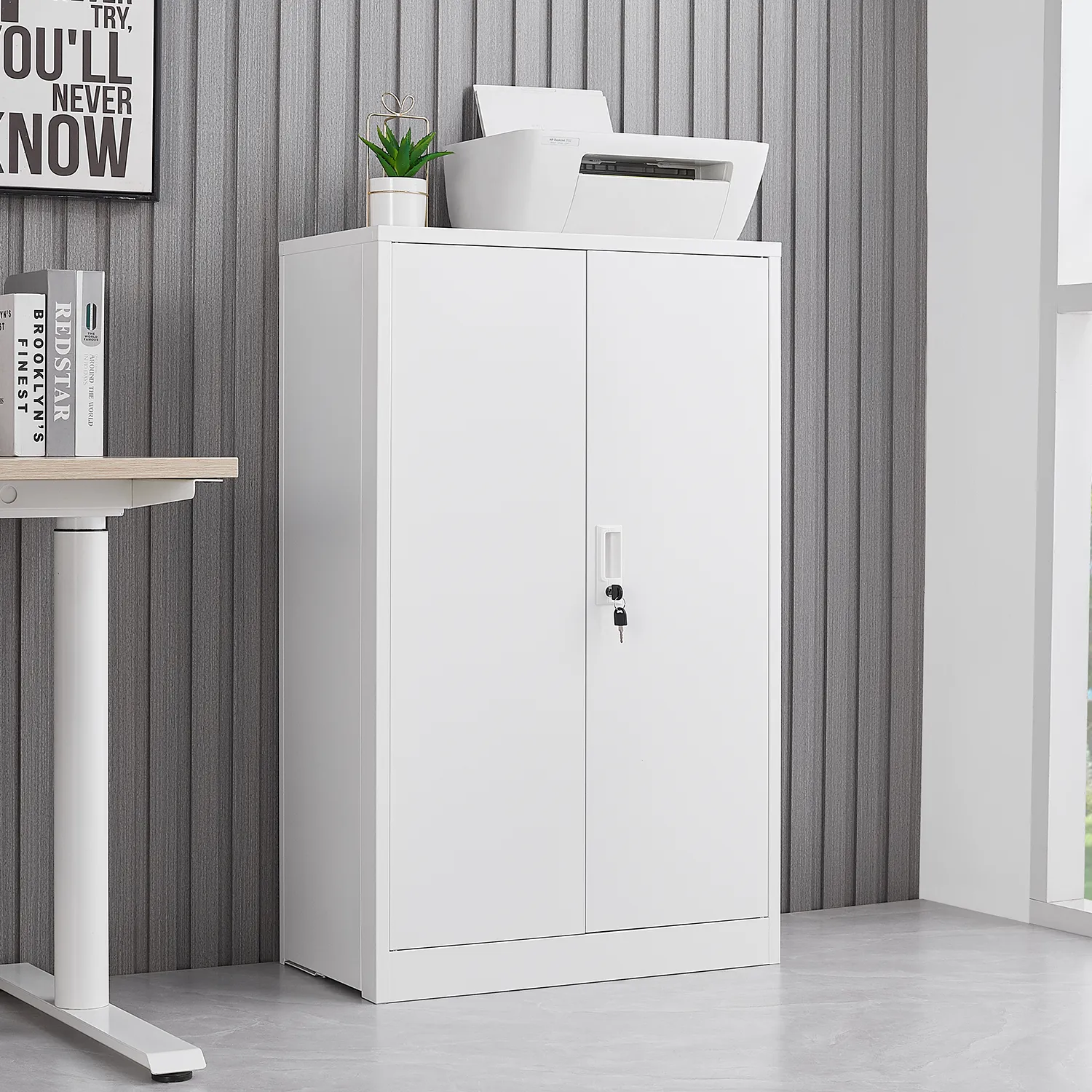 MetalStorage Cabinet with Locking Doors and Adjustable Shelf, Folding FilingStorage Cabinet , FoldingStorage Locker Cabinet for Home Office,School,Garage, White