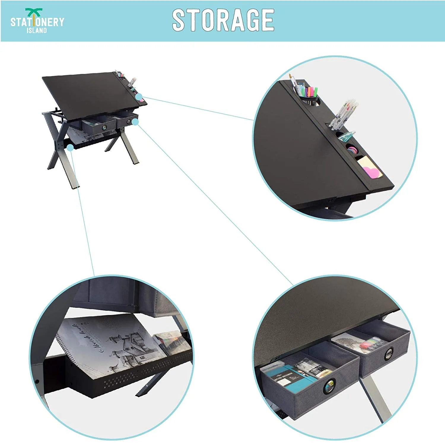 Nauru Drafting Table - Art & Crafts Desk with Storage, Stool & Clips
