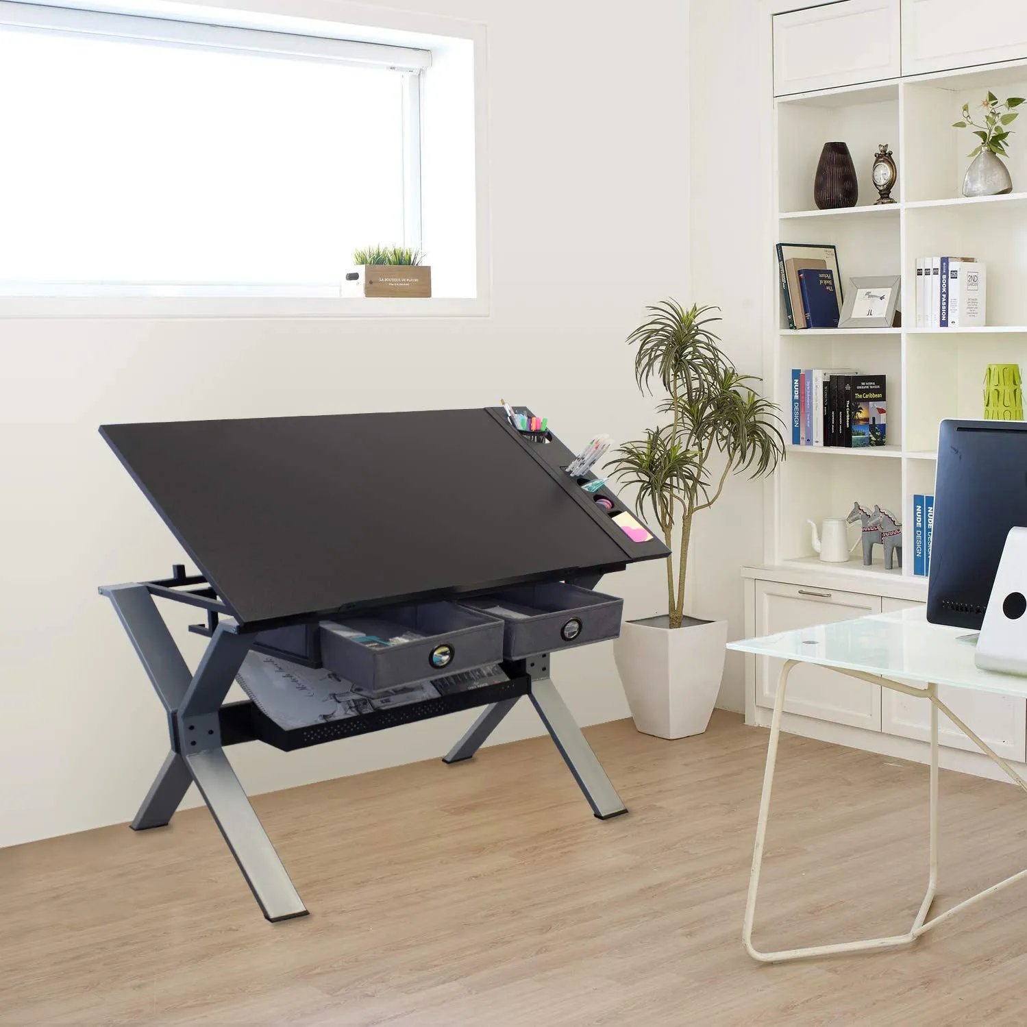Nauru Drafting Table - Art & Crafts Desk with Storage, Stool & Clips