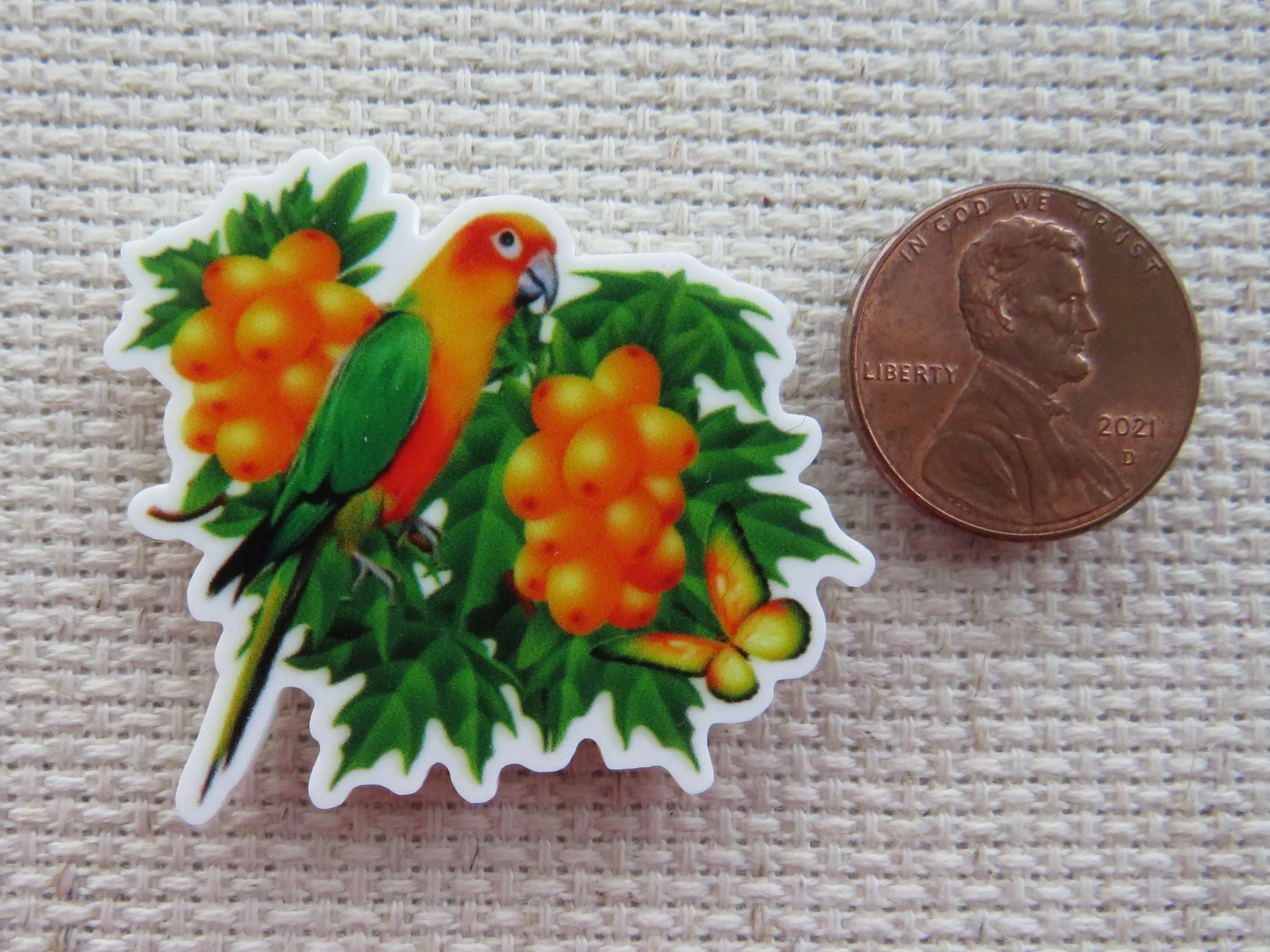 Orange and Green Parrot Needle Minder, Cover Minder, Magnet