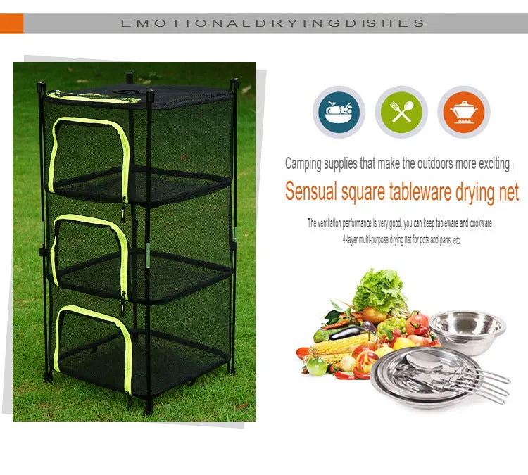 Outdoor Folding Drying Net Four-Layer Storage Basket Storage Basket Camping Fish Drying Net Rack Hanging Basket Drying Rack Net