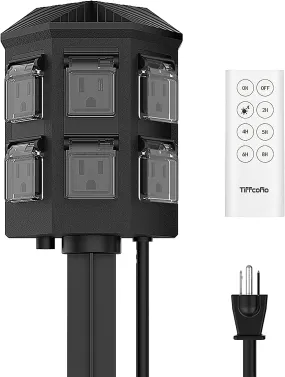 Outdoor Power Stake Timer, 100FT Range Remote Control, Dusk to Dawn Sensor Light Timer, 6FT Extension Cord Waterproof, 6 Grounded Outlets for Outdoor Decorations, ETL Listed