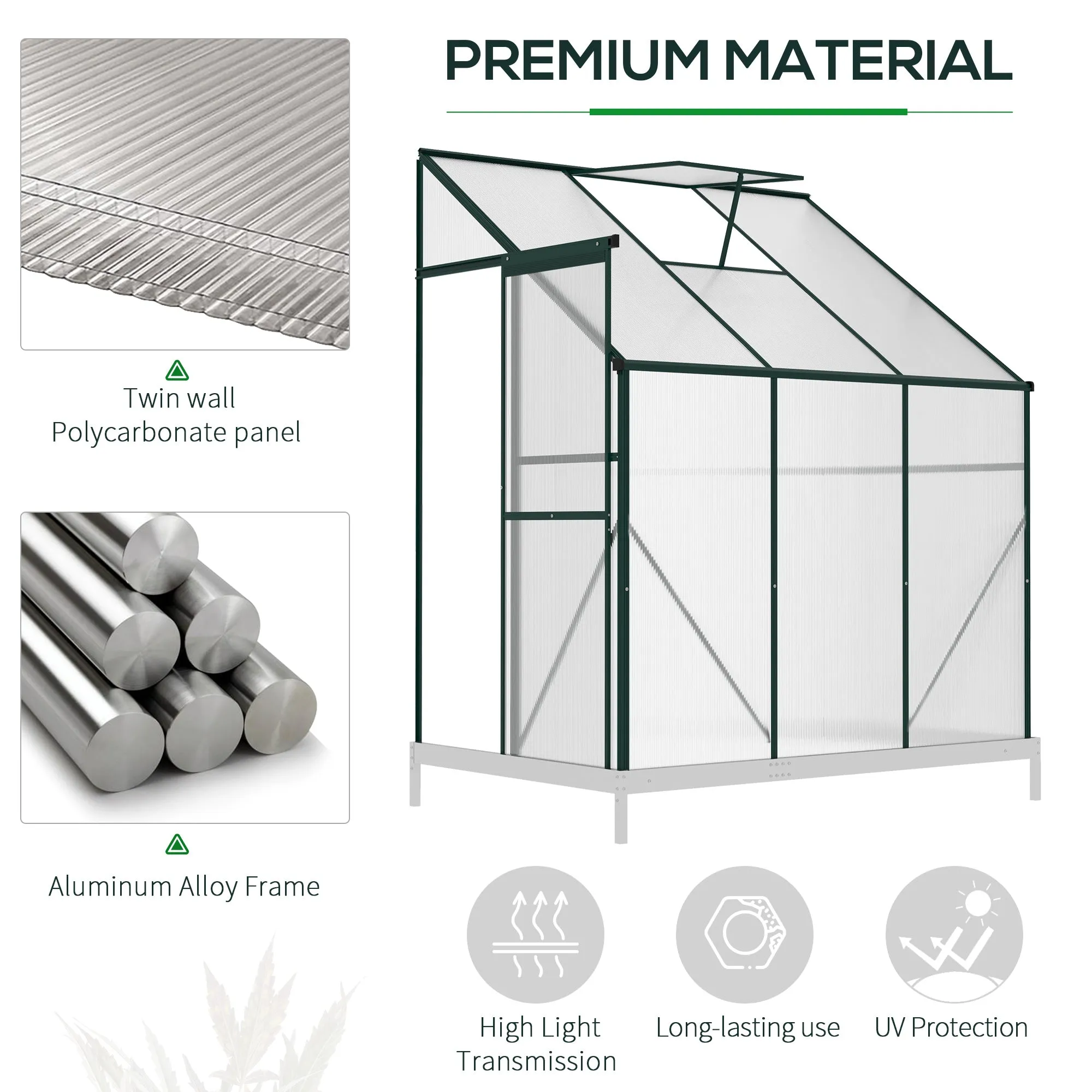 Outsunny Walk-In Garden Greenhouse Aluminum Frame Polycarbonate 6 x 4ft