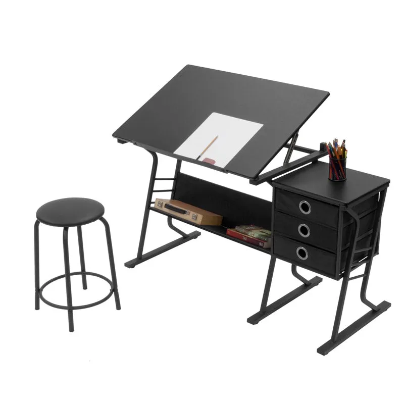 Oxna Drafting Table - Art & Crafts Desk with Storage, Stool & Clips