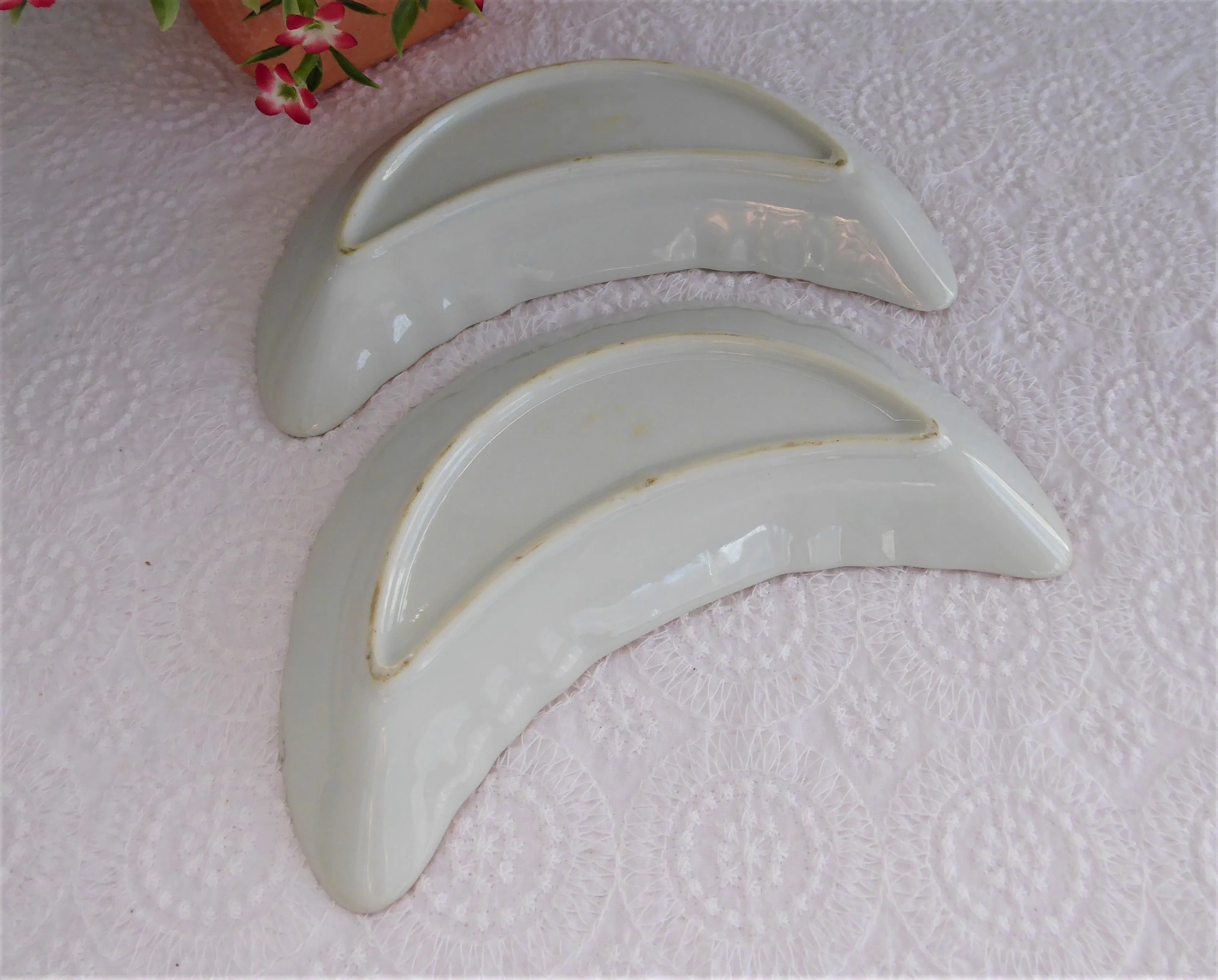 Pair Crescent Bone Dishes Roses Topiary 1970s Takahashi Porcelain Side Dish Bowls