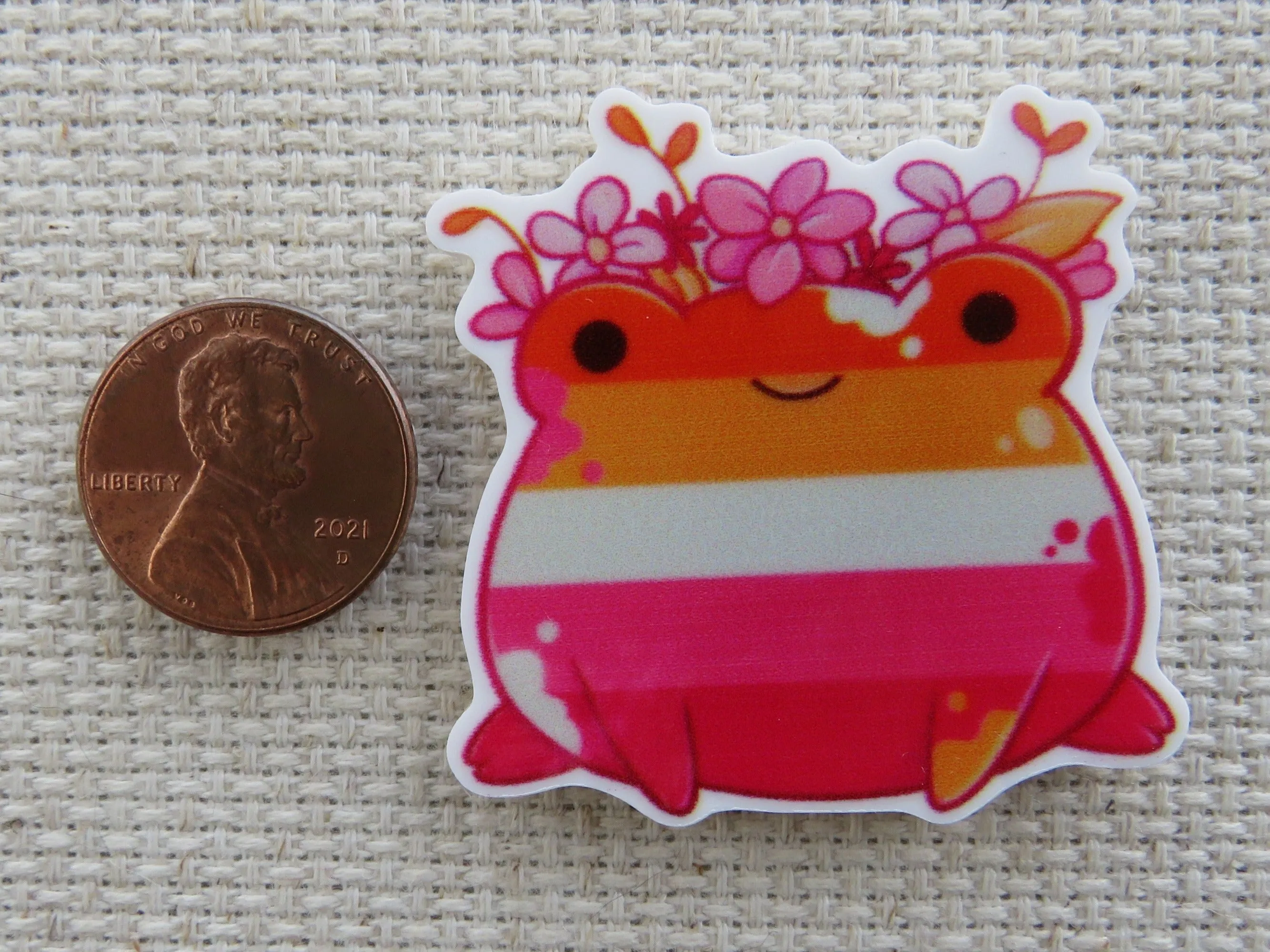 Pink Stripped Frog with Flowers Needle Minder, Cover Minder, Magnet