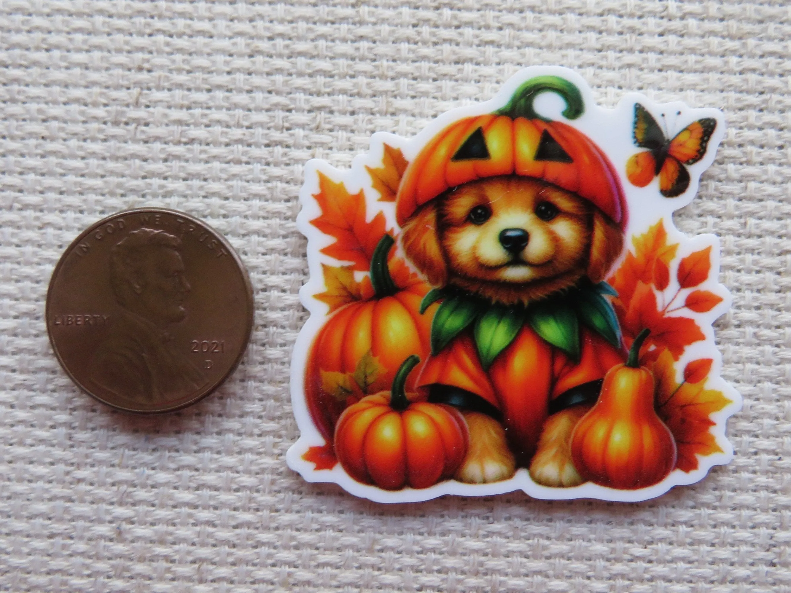 Puppy with a Butterfly Pumpkin Fun Needle Minder, Cover Minder, Magnet