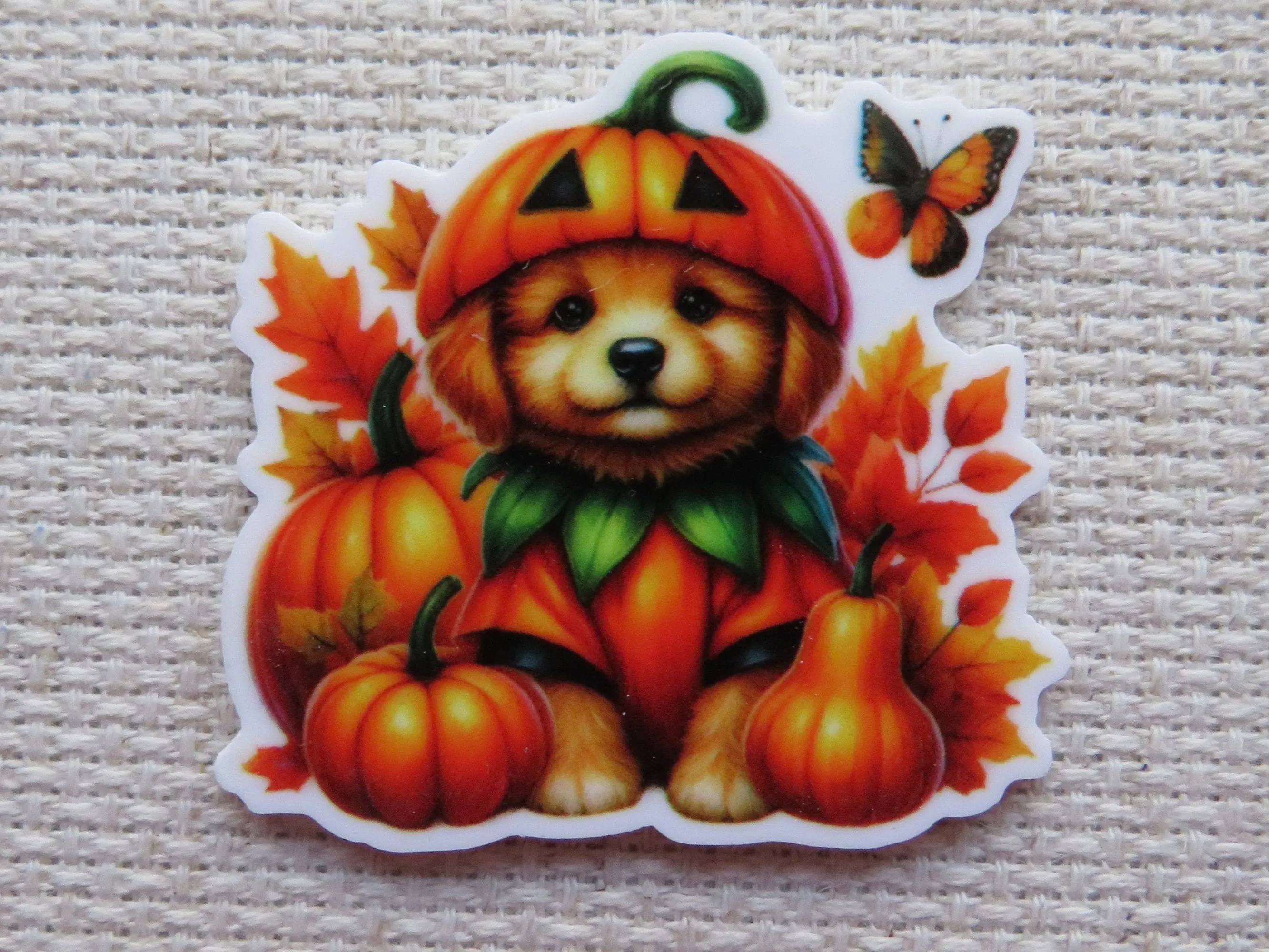 Puppy with a Butterfly Pumpkin Fun Needle Minder, Cover Minder, Magnet
