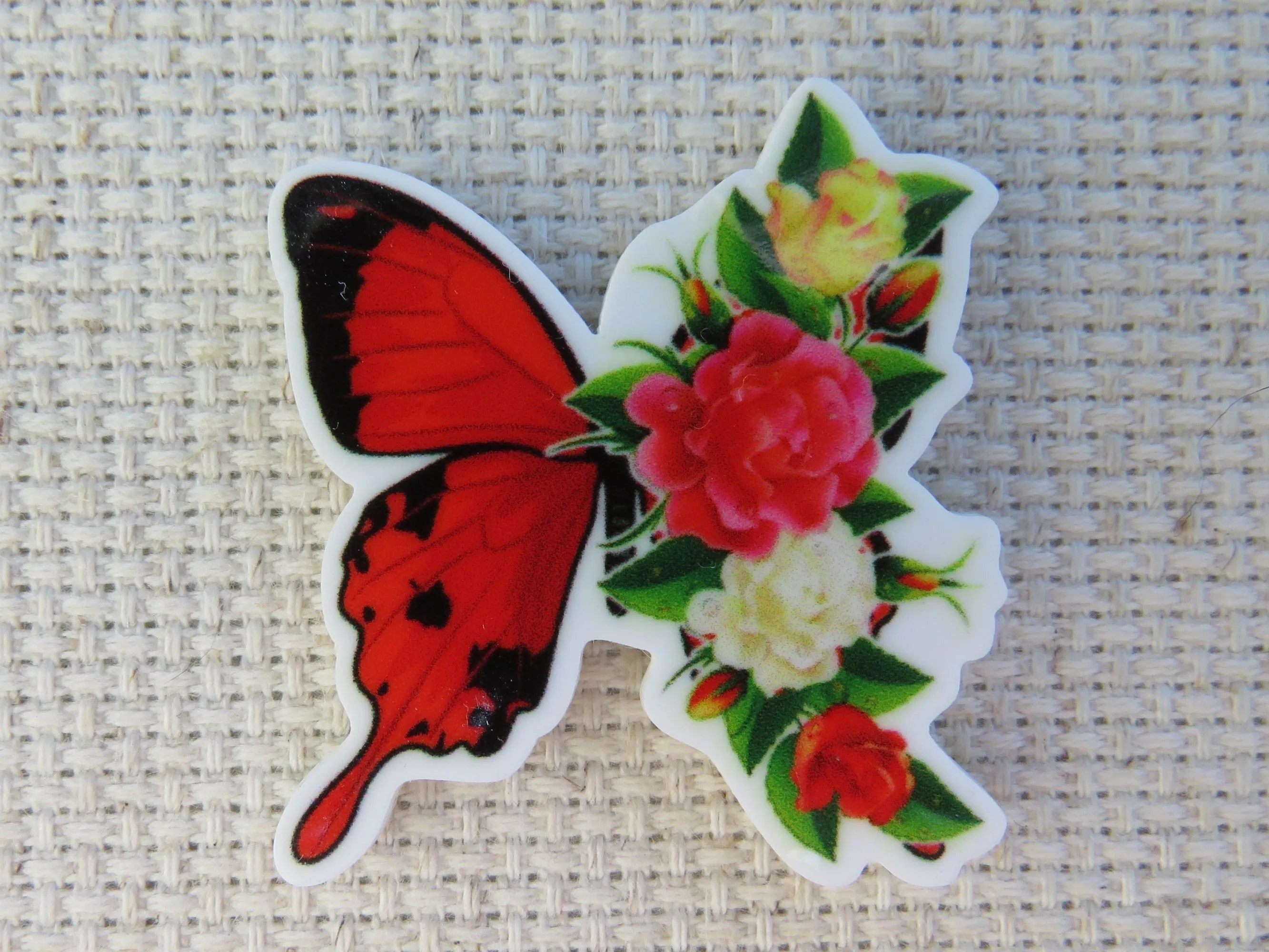 Red Rose Butterfly Needle Minder, Cover Minder, Magnet