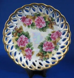 Saucer Only Gorgeous Lush Roses Luster Sealy Japan 1960s Reticulated Brushed Gold Trim