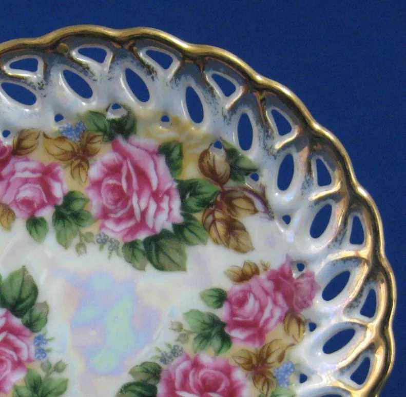 Saucer Only Gorgeous Lush Roses Luster Sealy Japan 1960s Reticulated Brushed Gold Trim