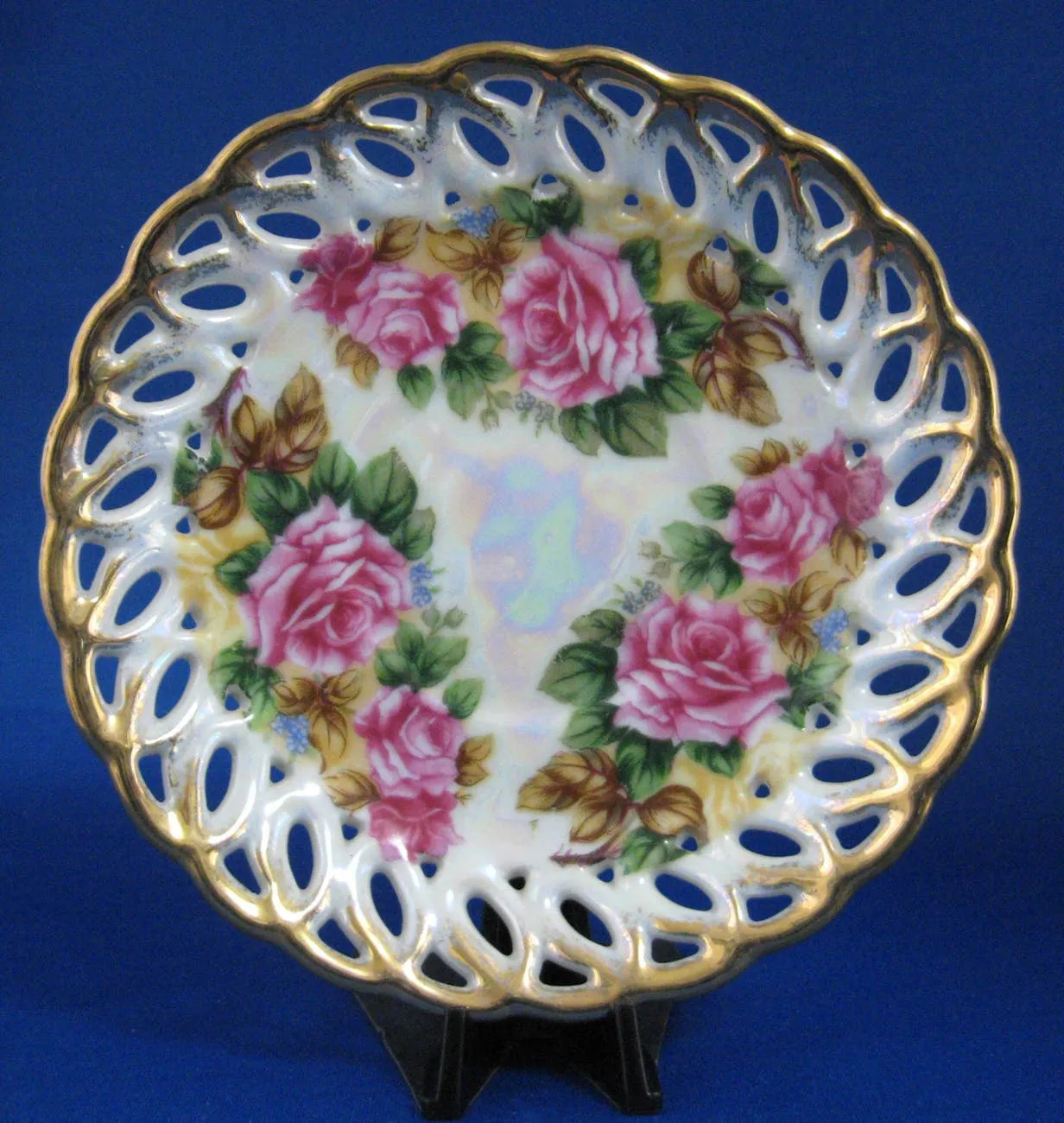 Saucer Only Gorgeous Lush Roses Luster Sealy Japan 1960s Reticulated Brushed Gold Trim