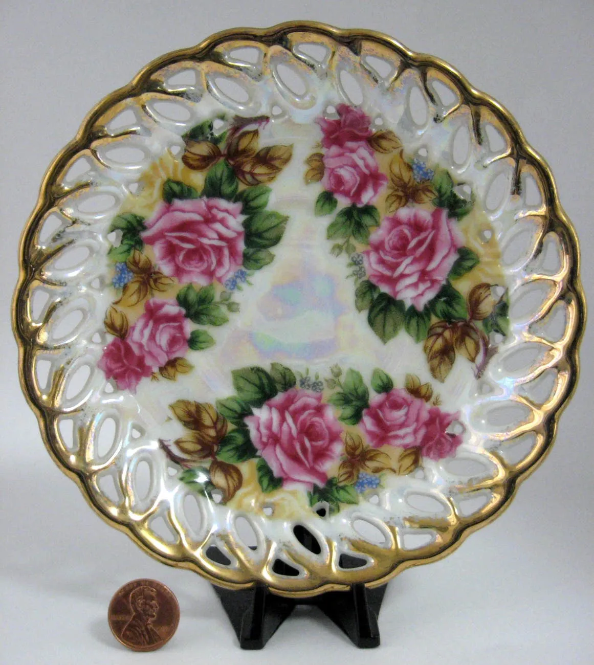 Saucer Only Gorgeous Lush Roses Luster Sealy Japan 1960s Reticulated Brushed Gold Trim