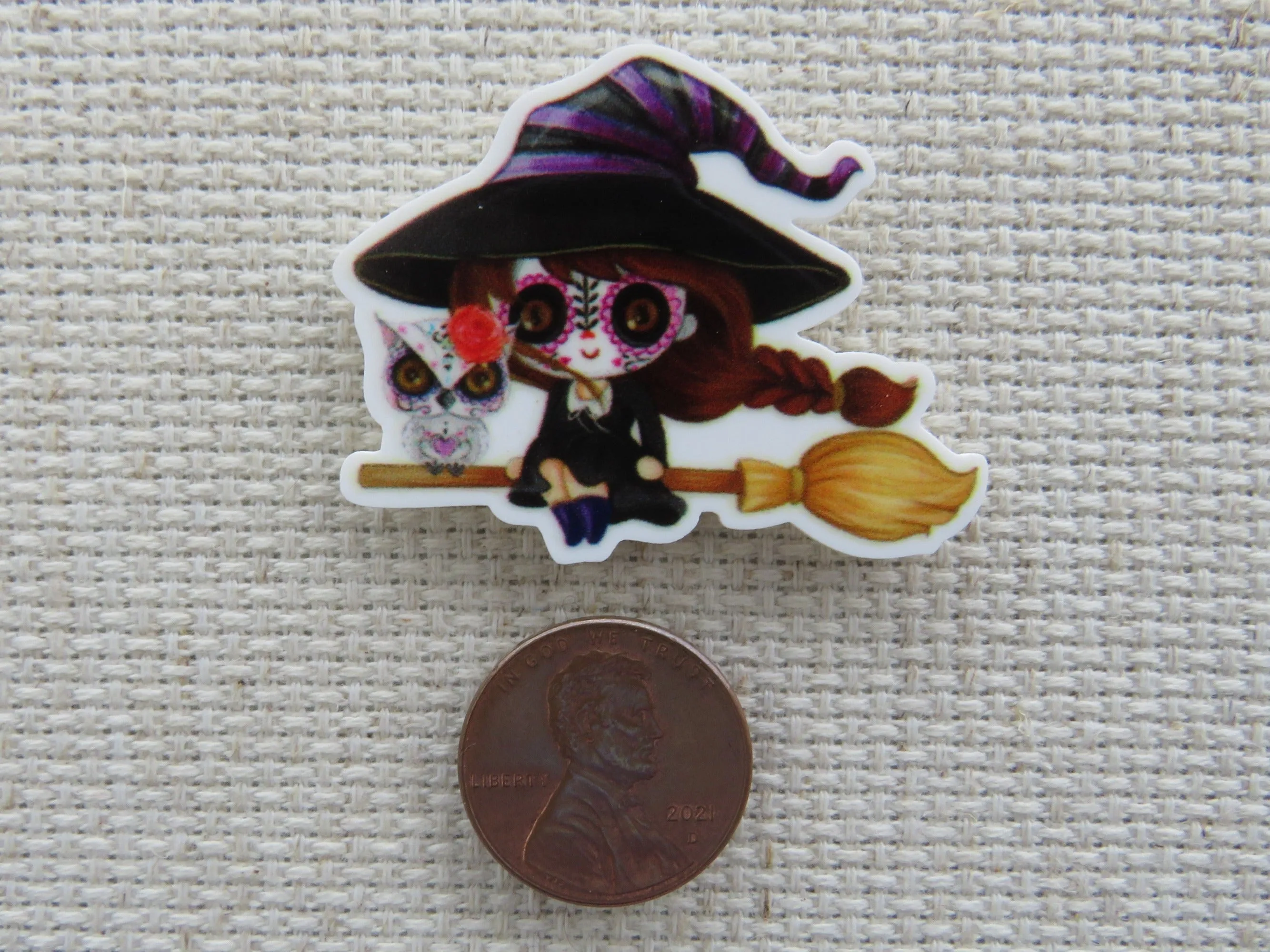 Sugar Skull Witch with an Owl Needle Minder, Cover Minder, Magnet