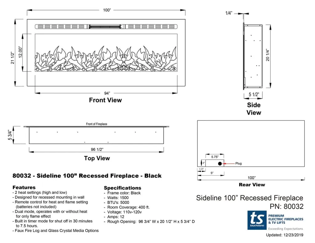 The Sideline 100 Inch Recessed Smart Electric Fireplace 80032
