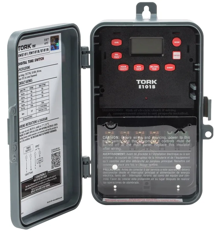 Tork E101B Digital Timer, 30 A, 120/277 VAC, 1 min to 24 hr Time Setting, 24 hr Cycle, Gray :EA: QUANTITY: 1