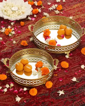 Traditional Platter with Mirror Base and Handle | Set  Of 2