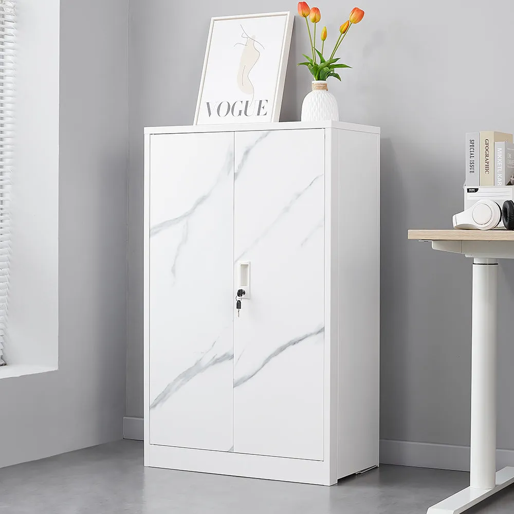 White Marble Metal Storage Cabinet: Locking Doors, Adjustable Shelf - Ideal for Home Office, School, Garage - Folding Filing & Locker Cabinet