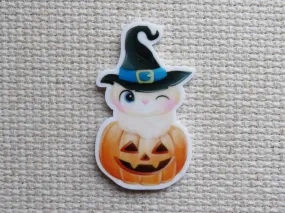 White Witch Pumpkin Kitty Needle Minder, Cover Minder, Magnet