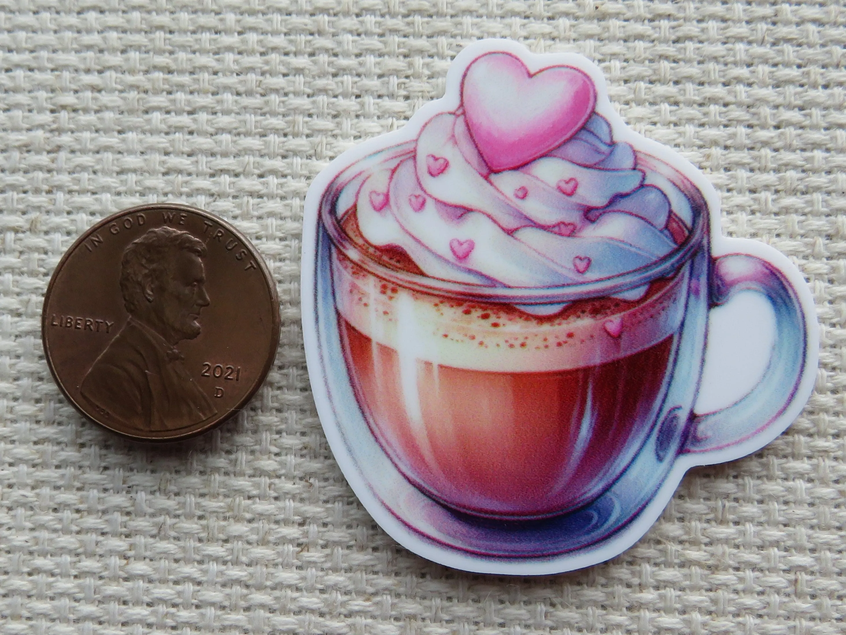 Yummy Looking Cup of Coffee/Cocoa with a Pink Heart Needle Minder, Cover Minder, Magnet