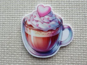 Yummy Looking Cup of Coffee/Cocoa with a Pink Heart Needle Minder, Cover Minder, Magnet